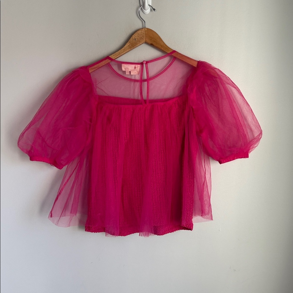 Anthropologie Sheer Magenta Puff Sleeve Top Small - Picture 3 of 10